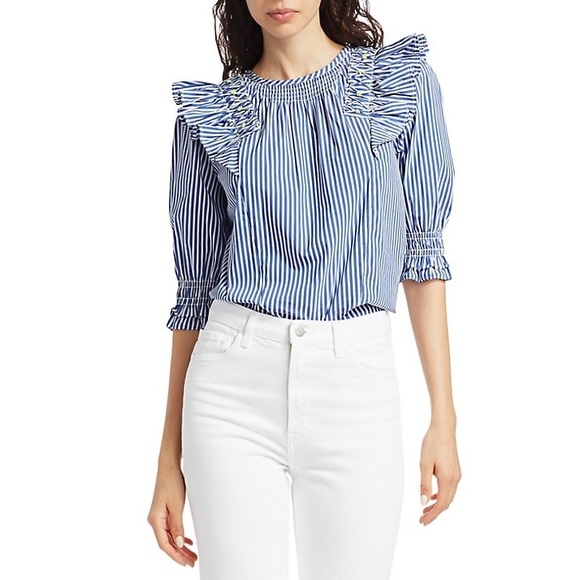 Tanya Taylor Tops - Tanya Taylor striped ruffle neon bead blouse NWT